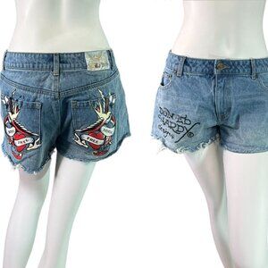 Ed Hardy Denim Cut Off Jean Shorts Born Free Swallow Size Medium